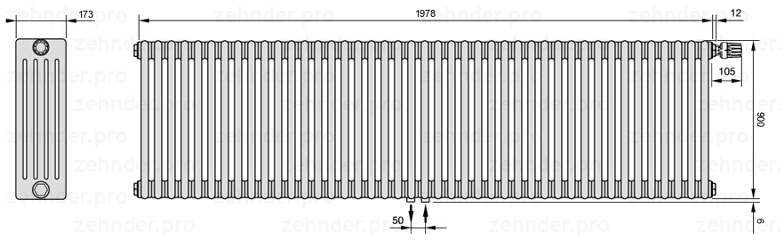 Схема (чертеж) Радиатор Zehnder Charleston 5090/43 №V008 Белый глянцевый RAL 9016